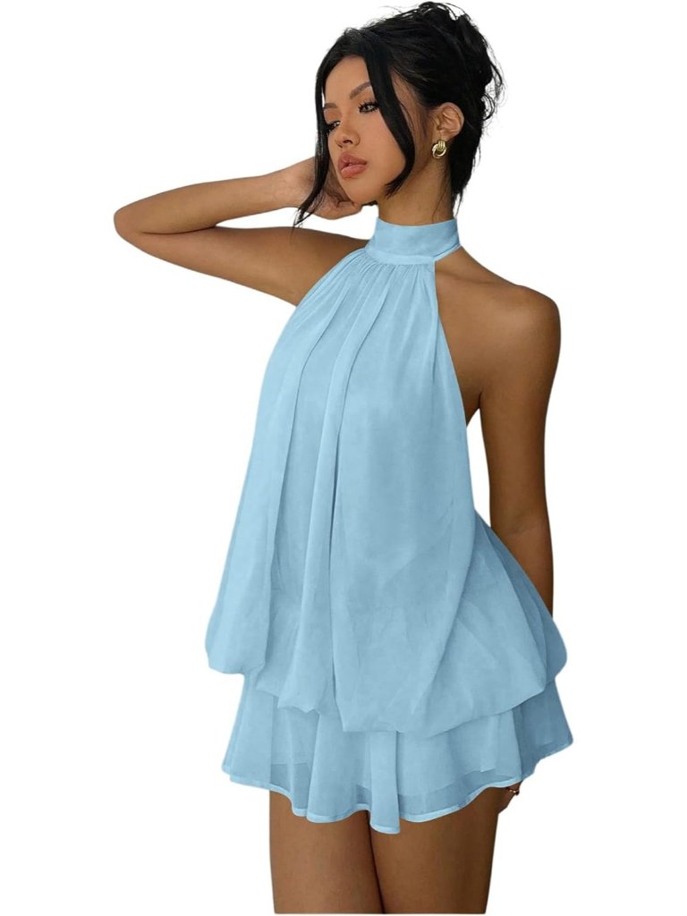 Women's Chiffon Halter Drop Waist Guest Dress Blue Ruffle Summer Mini Dress
